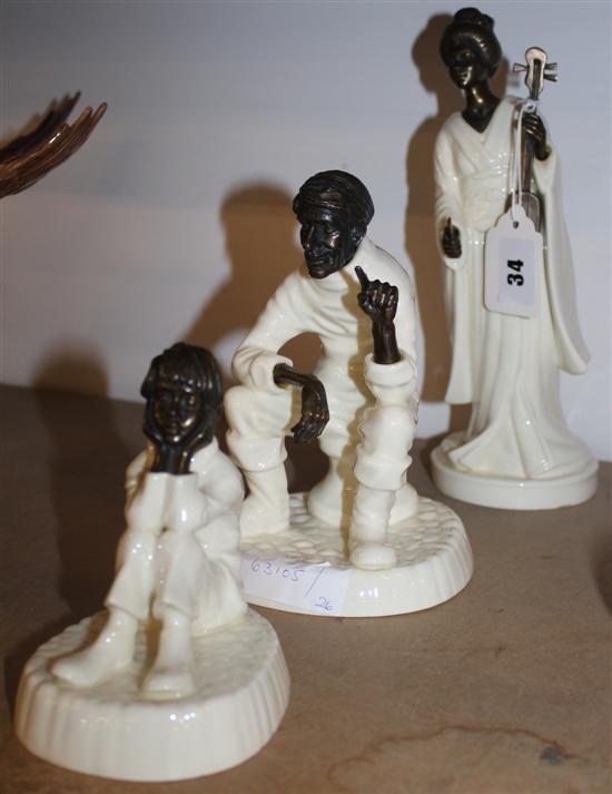 3 Minton cream glazed figures with metal heads & hands